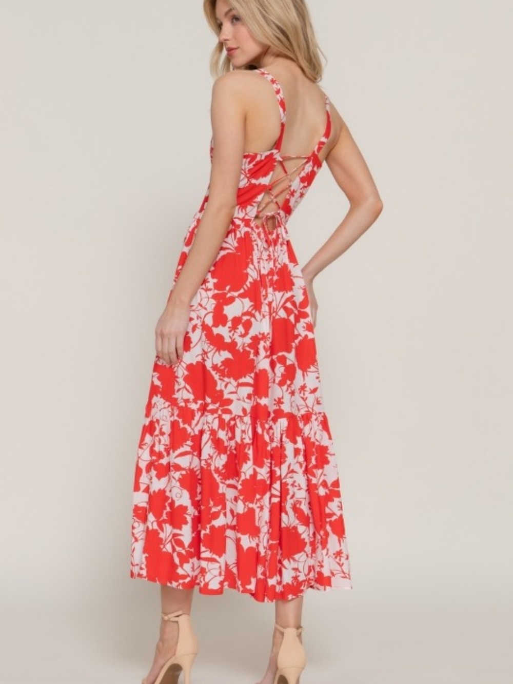 Active Basic Floral Red and White Midi Dress - Picture 2 of 6